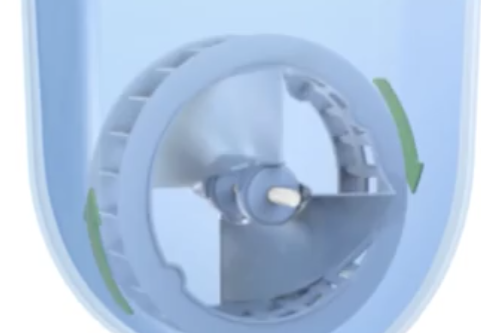 PBS Vertical-Wheel® impeller: open hoop containing three pitched propeller blades on a horizontal axle.